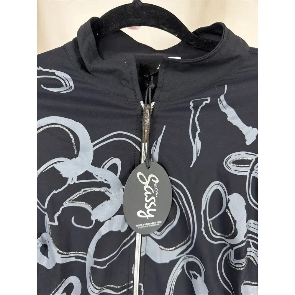 NWT Sassy Black Patterned Cuffed Sleeves High Low Hem Zip Up Jacket #1151 SZ SM